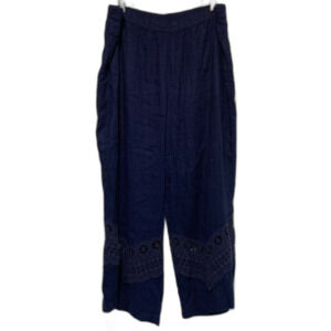 Susan Graver Linen blend wide leg navy blue crochet lace detail pant size 18
